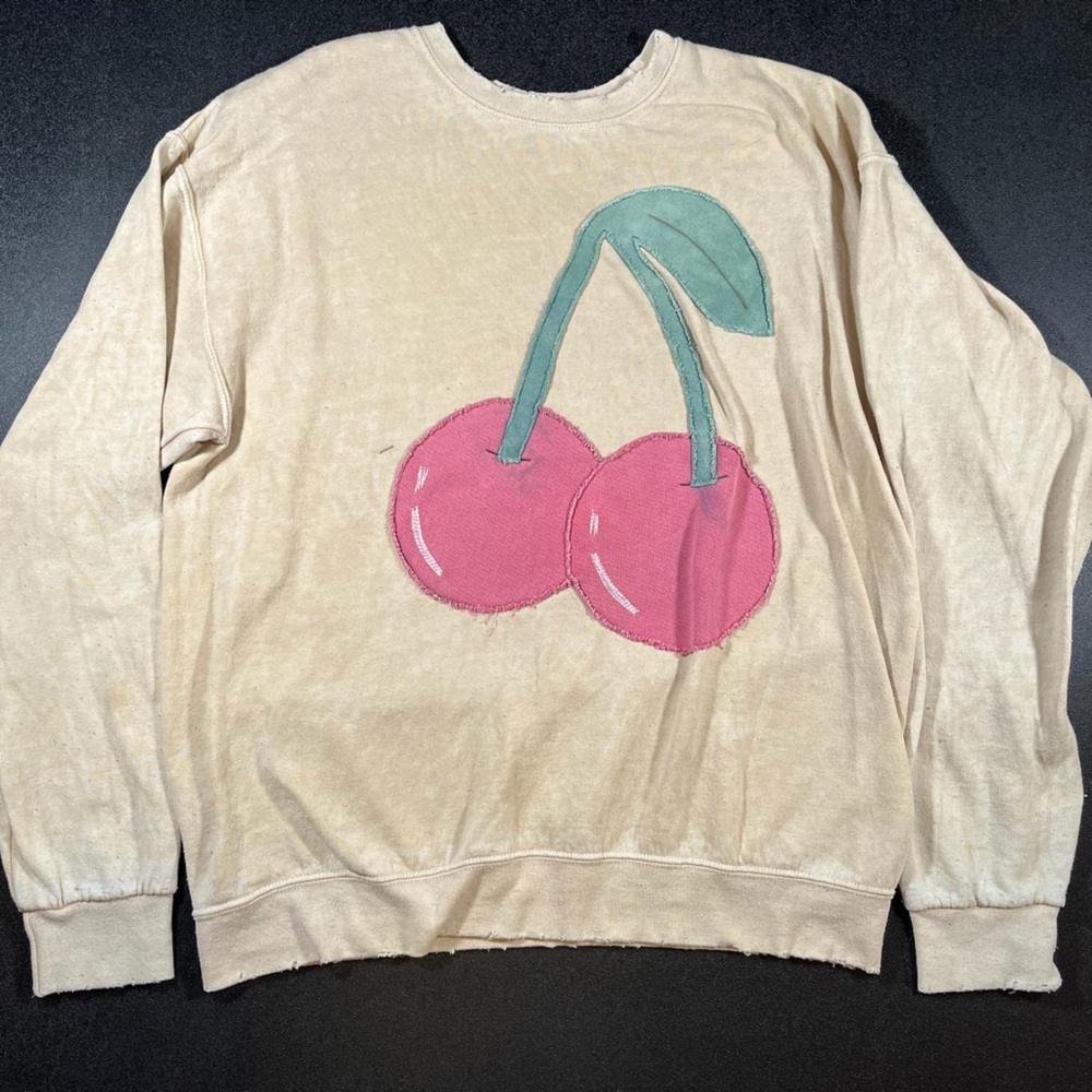Free People Tricia Fix Cherry Sweatshirt Crewneck Oversized Size Small Cream